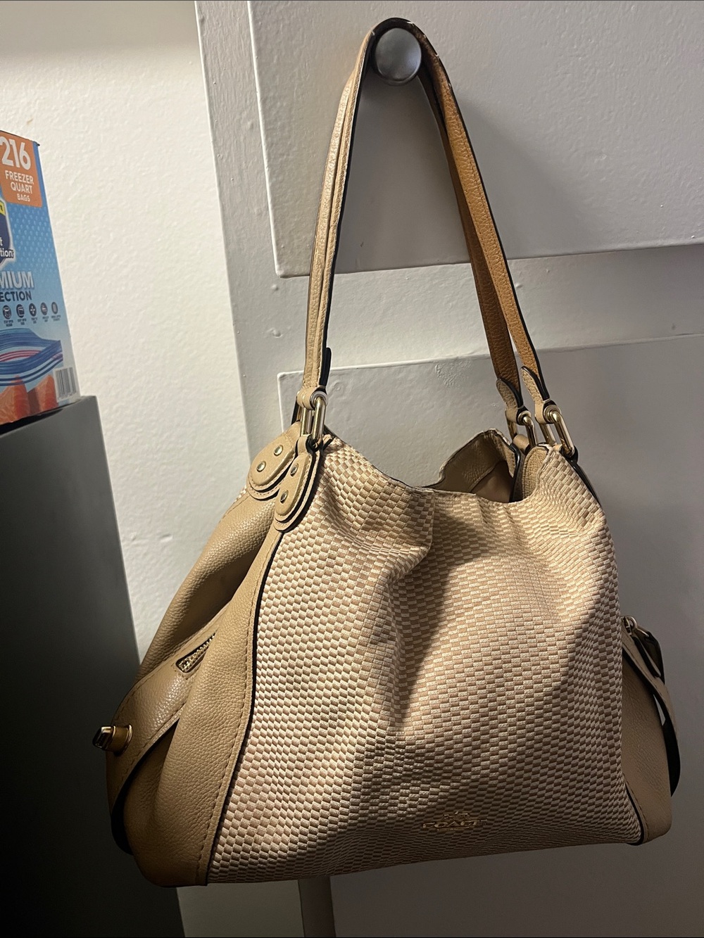 Beige Woven Shoulder Bag - Women